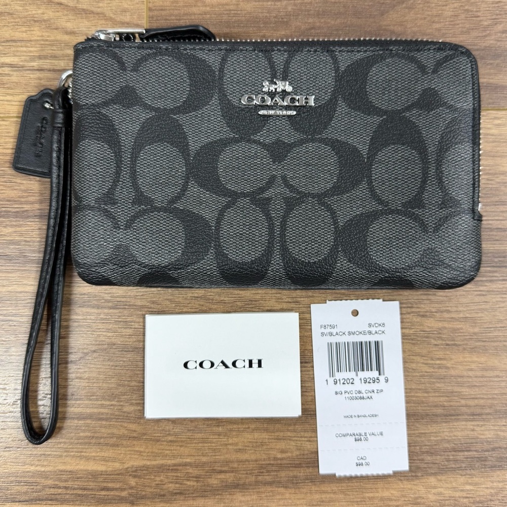 COACH Signature Logo Black Smoke Corner Double Center Zip Pockets Wristlet NWT
